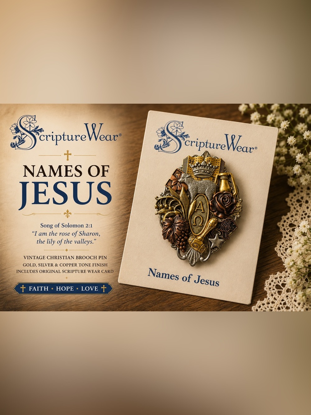 Scripture Wear “Names of Jesus” Vintage Christian Brooch Pin with Original Card